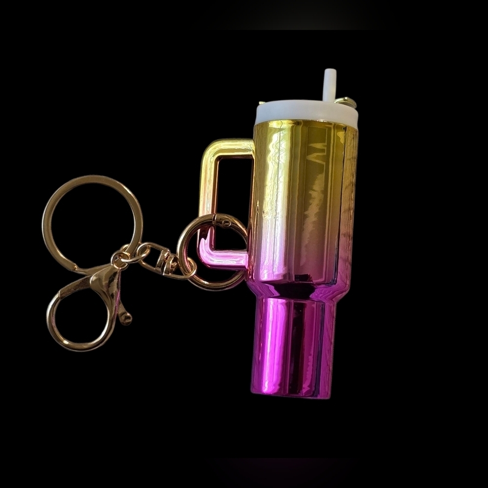 Pink And Yellow Rhinestone Tumbler Keychain – Mini Sparkle Stanley-Inspired Cup